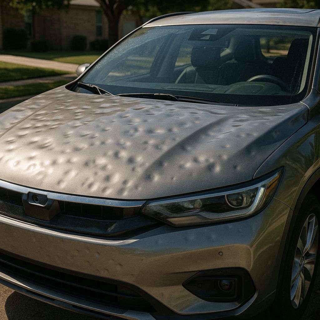 Hailstorm damage on a vehicle bonnet